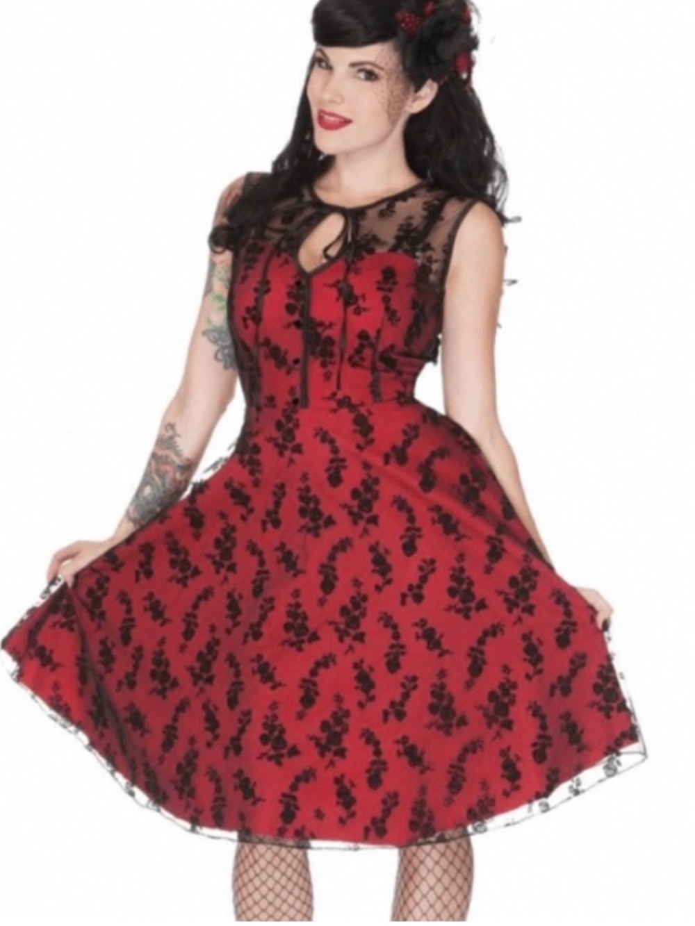 Voodoo Vixen Red Dress with Black Floral Lace Overlay and Unique Vintage Bundle